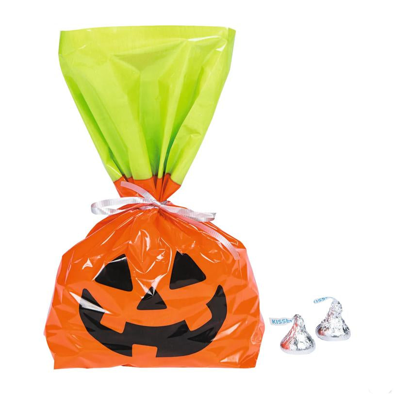 Jack O Lantern Cellophane Treat Bags Pack of 50 in Orange with Lime Green Top for Halloween Handouts
