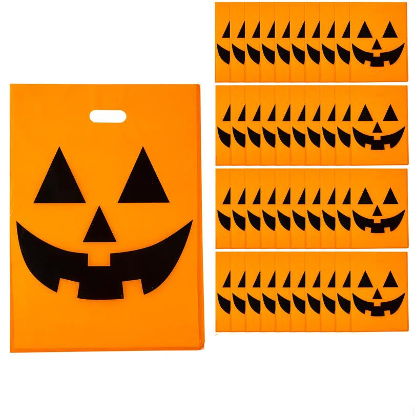 Large Plastic Halloween Bags Pack of 50 in Orange with Pumpkin Face and Handle Cutout for Candy Collecting