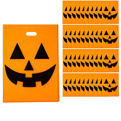 Large Plastic Halloween Bags Pack of 50 in Orange with Pumpkin Face and Handle Cutout for Candy Collecting