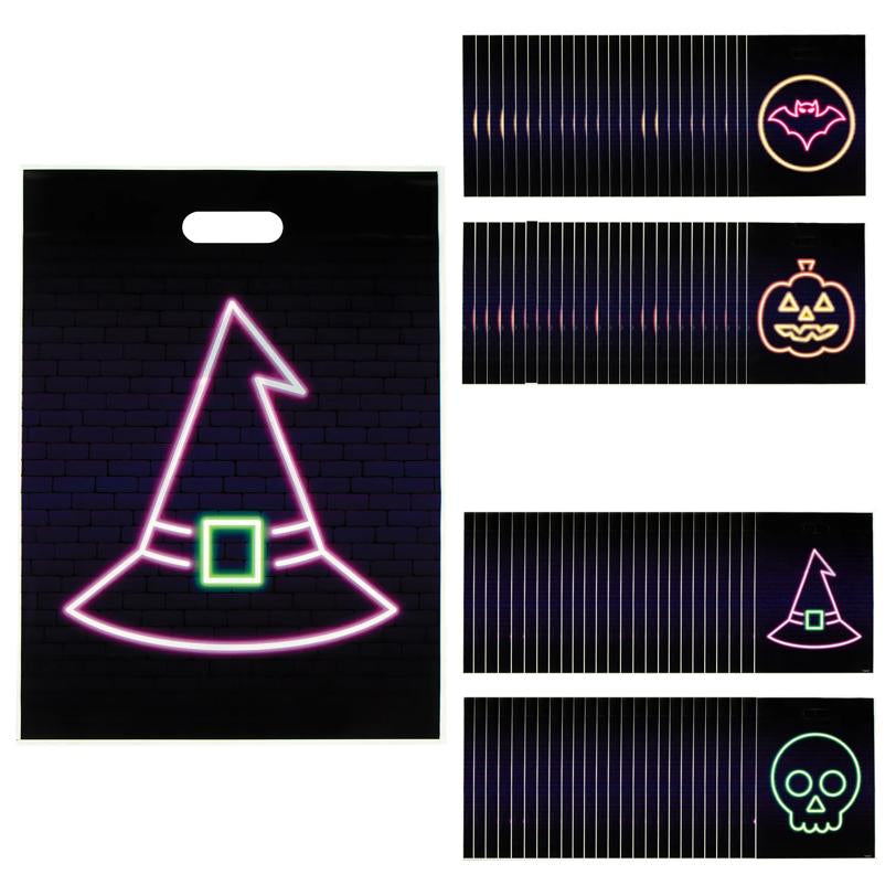 Black Halloween Goody Bags Pack of 100 with Neon Bat Pumpkin Witch Hat and Skull Outlines