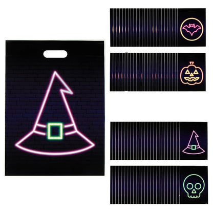 Black Halloween Goody Bags Pack of 100 with Neon Bat Pumpkin Witch Hat and Skull Outlines