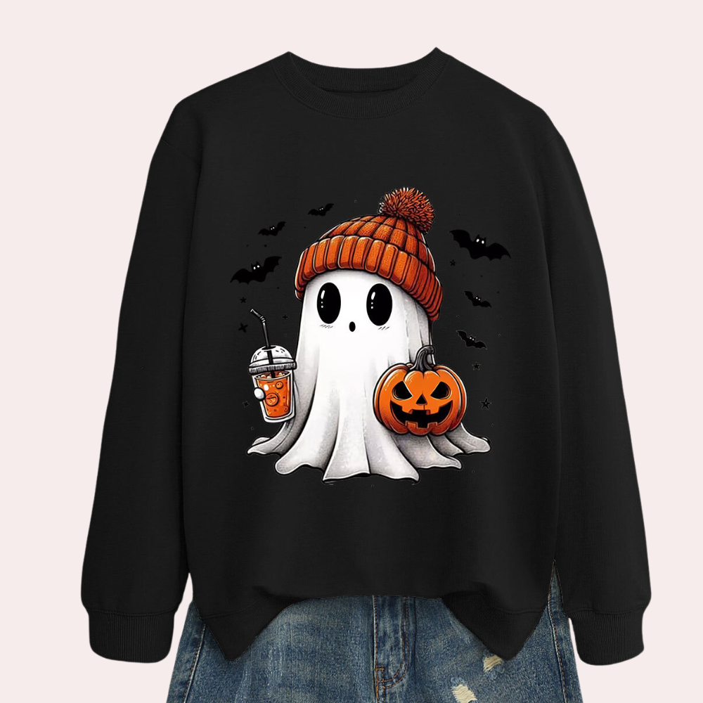 Halloween Sweatshirt with Ghost and Pumpkin Print, Polyester Cotton Blend