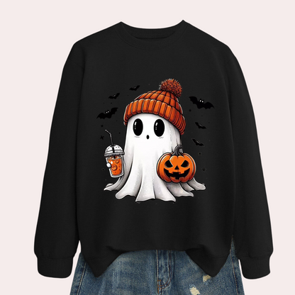Halloween Sweatshirt with Ghost and Pumpkin Print, Polyester Cotton Blend
