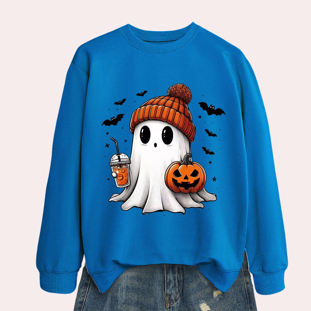 Halloween Sweatshirt with Ghost and Pumpkin Print, Polyester Cotton Blend