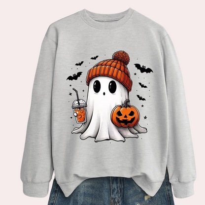Halloween Sweatshirt with Ghost and Pumpkin Print, Polyester Cotton Blend