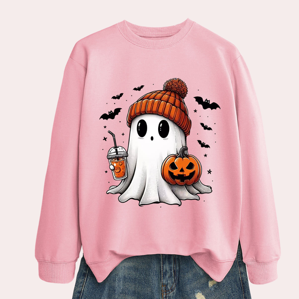 Halloween Sweatshirt with Ghost and Pumpkin Print, Polyester Cotton Blend