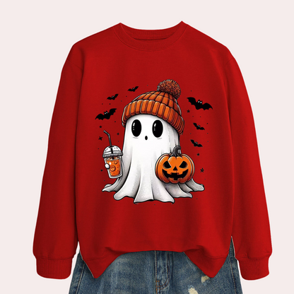 Halloween Sweatshirt with Ghost and Pumpkin Print, Polyester Cotton Blend