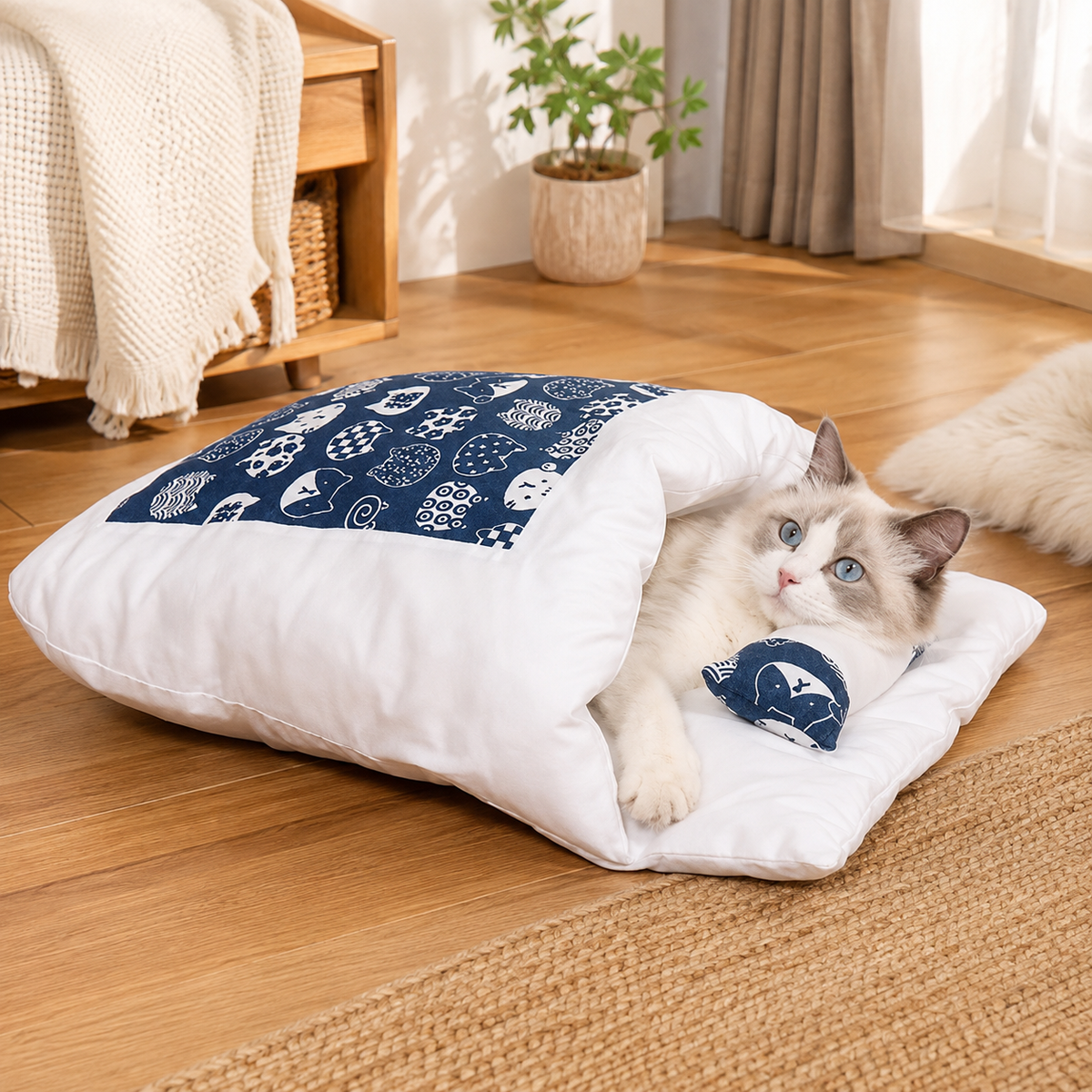 Enclosed Cat Cave Bed with Attached Pillow Support, Plush Interior