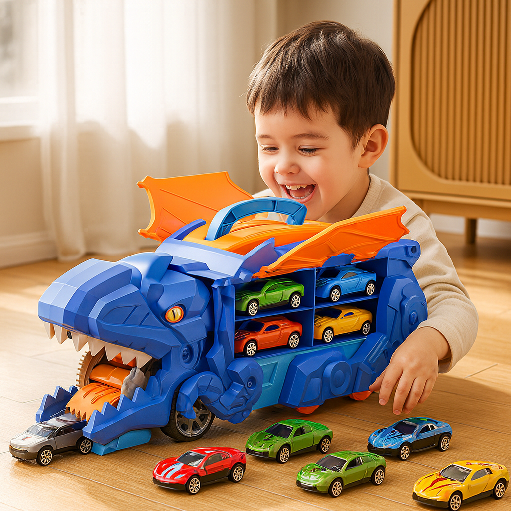 Transforming Dinosaur Truck Toy with Two Cars LED Lights and Carry Handle for Kids