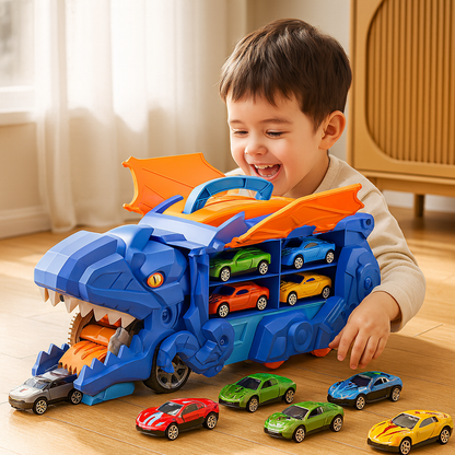 Transforming Dinosaur Truck Toy with Two Cars LED Lights and Carry Handle for Kids