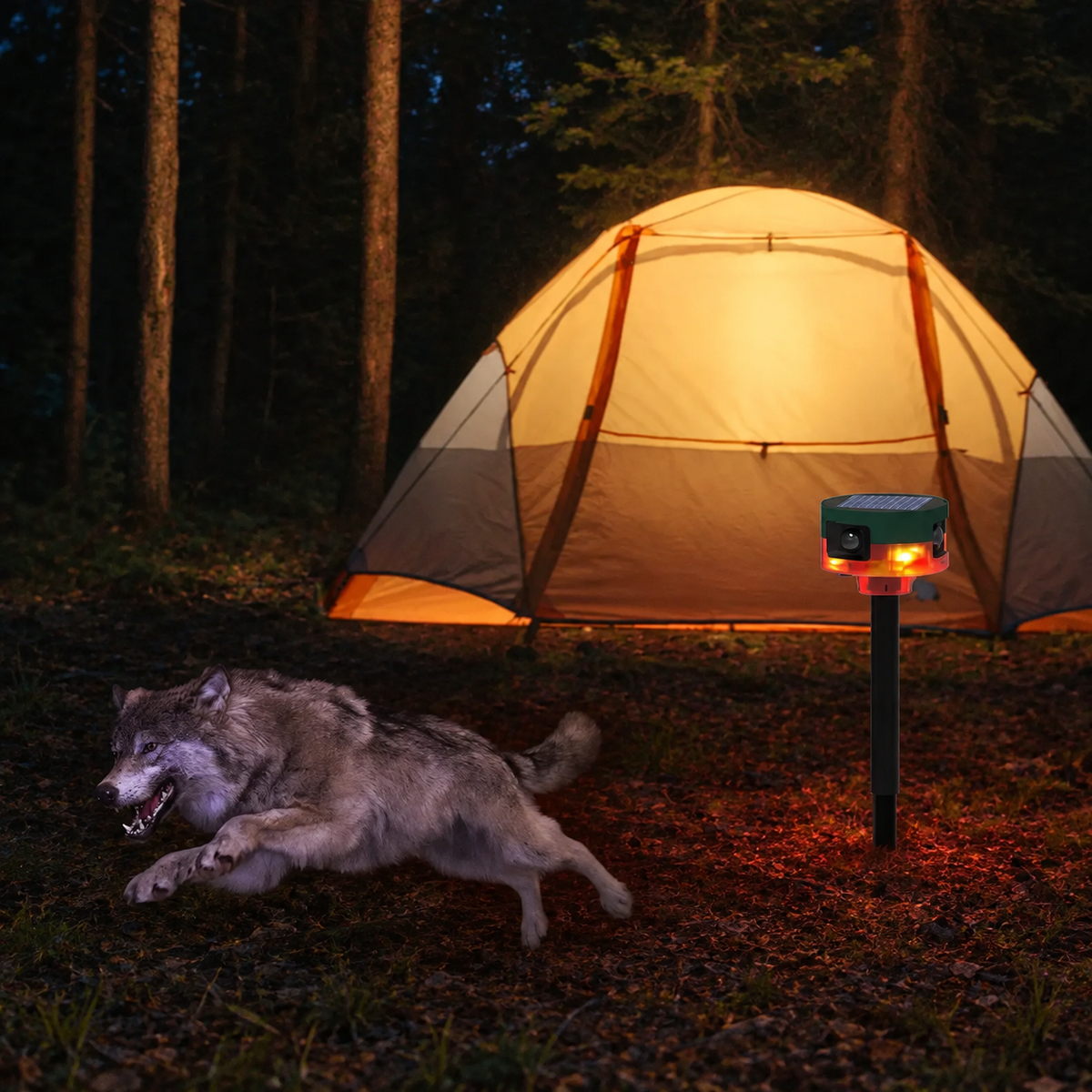 Solar Motion Activated Sound and Light Deterrent with 360 Degree Sensor in Red Or Yellow