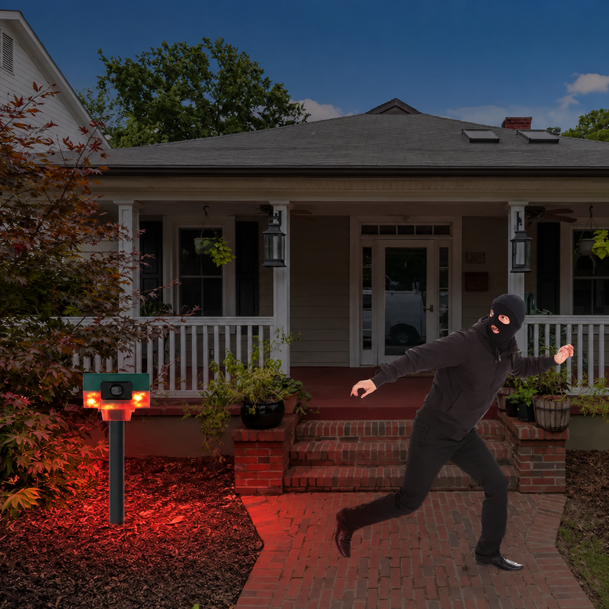 Solar Motion Activated Sound and Light Deterrent with 360 Degree Sensor in Red Or Yellow