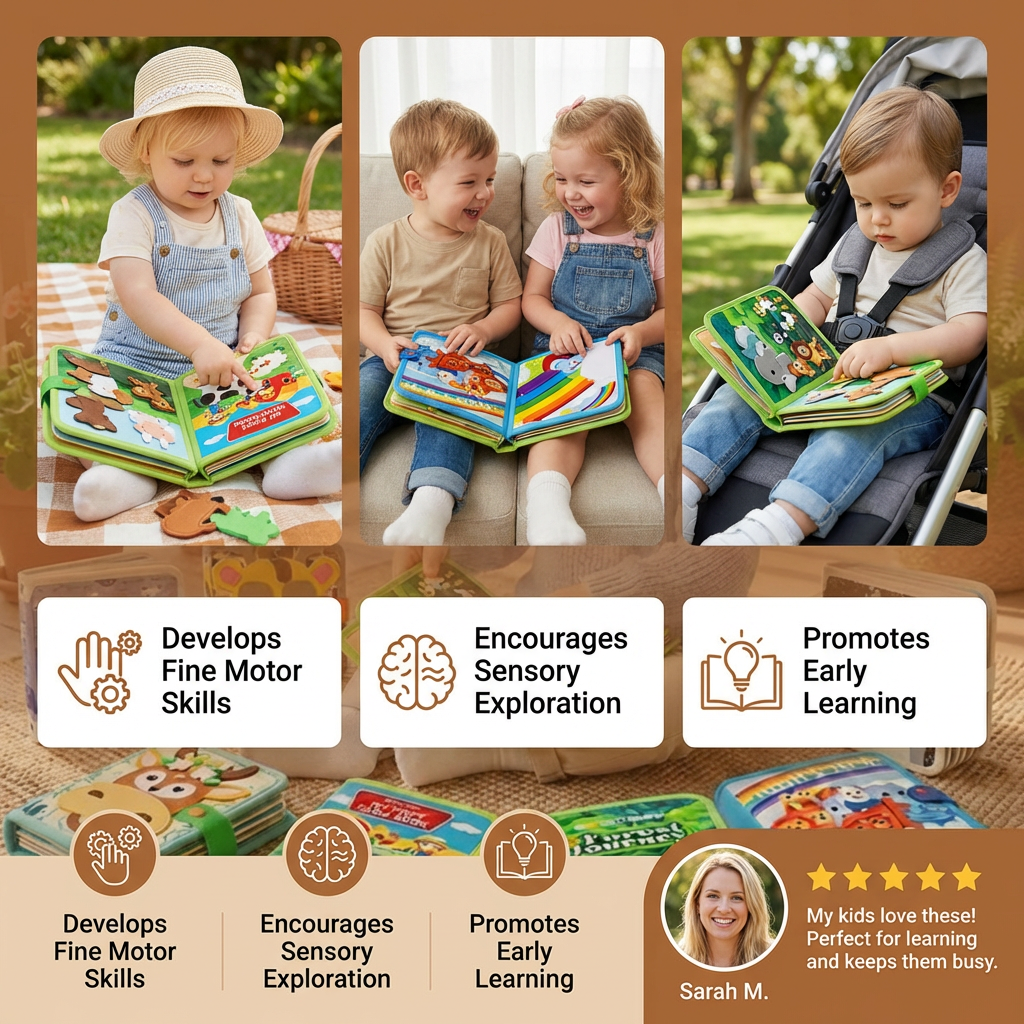 Interactive Textured Storybook in Eight Animal Themes with Colorful Pages for Quiet Play at Home and on Trips
