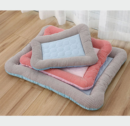 Breathable Cooling Pet Bed Mat with Ice Silk Surface and Edge Stitching, Blue or Pink