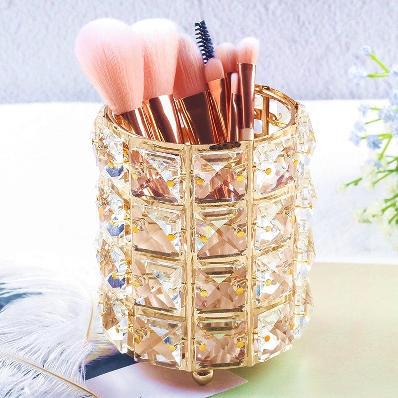 Makeup Brush Holder with Crystal Bead Design and Stainless Steel Frame, Gold or Silver