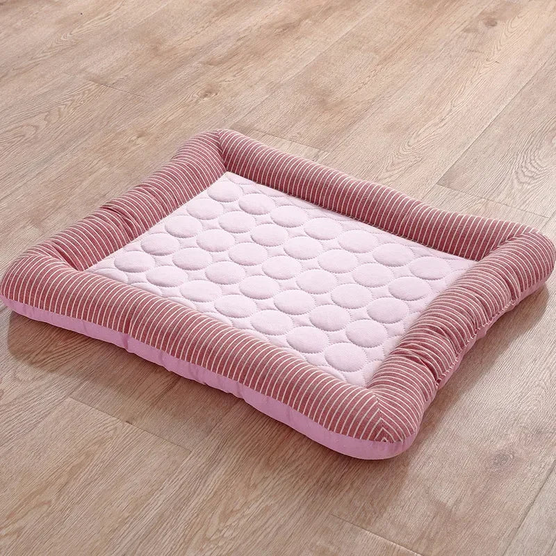 Breathable Cooling Pet Bed Mat with Ice Silk Surface and Edge Stitching, Blue or Pink