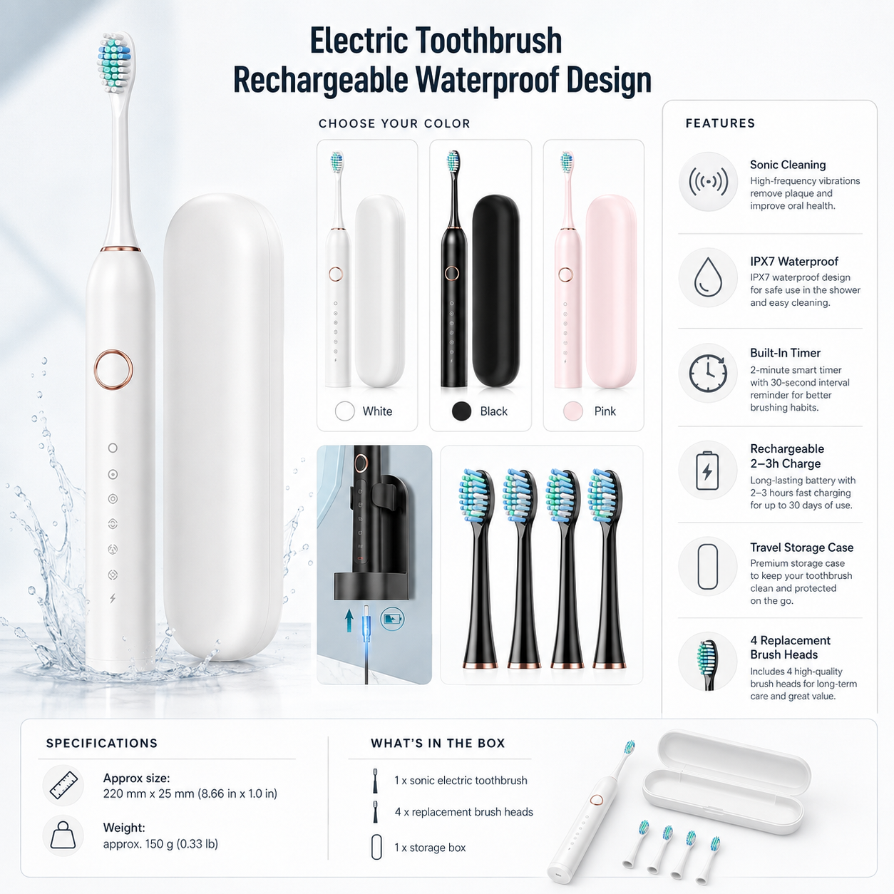 Sonic Electric Toothbrush with Built In Timer and Replacement Heads, IPX7 Water Resistant