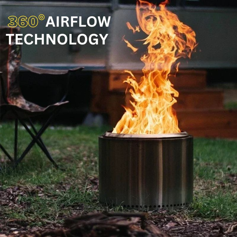 Stainless Steel Fire Pit with Circular Airflow and Removable Ash Pan, Portable Camping