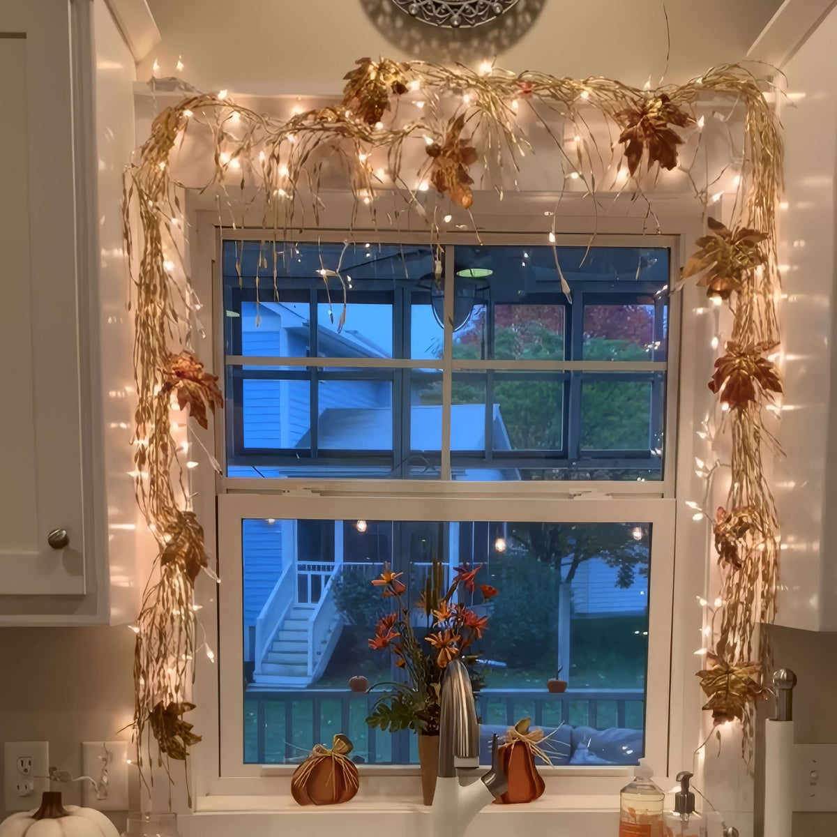 Lit Ornament Garland of 4.9 Feet for Indoor Shelves in Fall Maple, Red Berry, Lemon, Lavender or Cool Maple