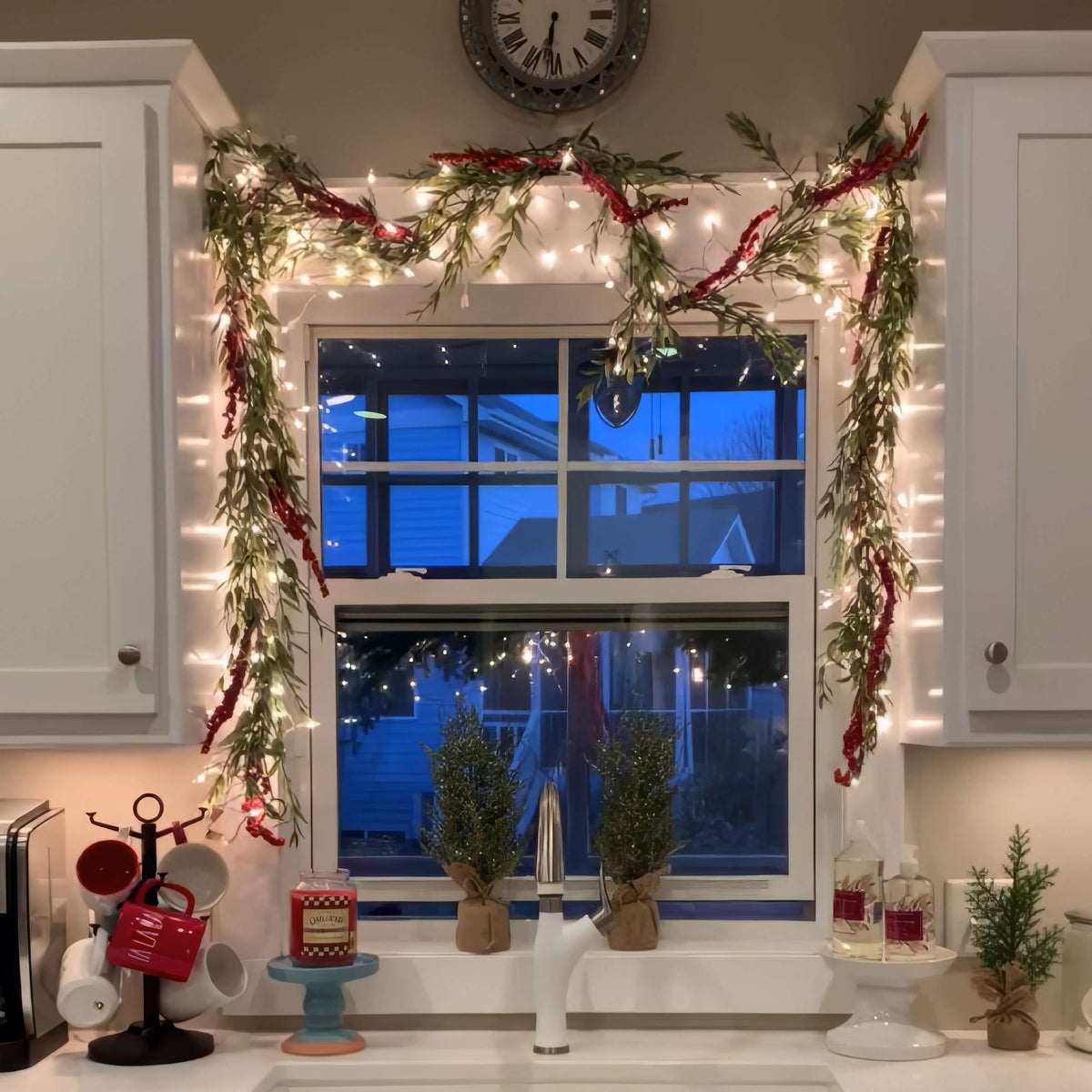 Lit Ornament Garland of 4.9 Feet for Indoor Shelves in Fall Maple, Red Berry, Lemon, Lavender or Cool Maple