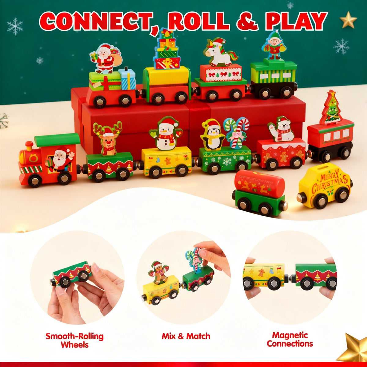 Twelve Piece Train Advent Calendar with Magnetic Cars and Daily Doors for Kids