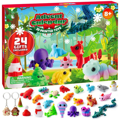 Advent Calendar with 24 Printed Animal and Holiday Toys in Hard PLA for Classroom Prizes and Favors