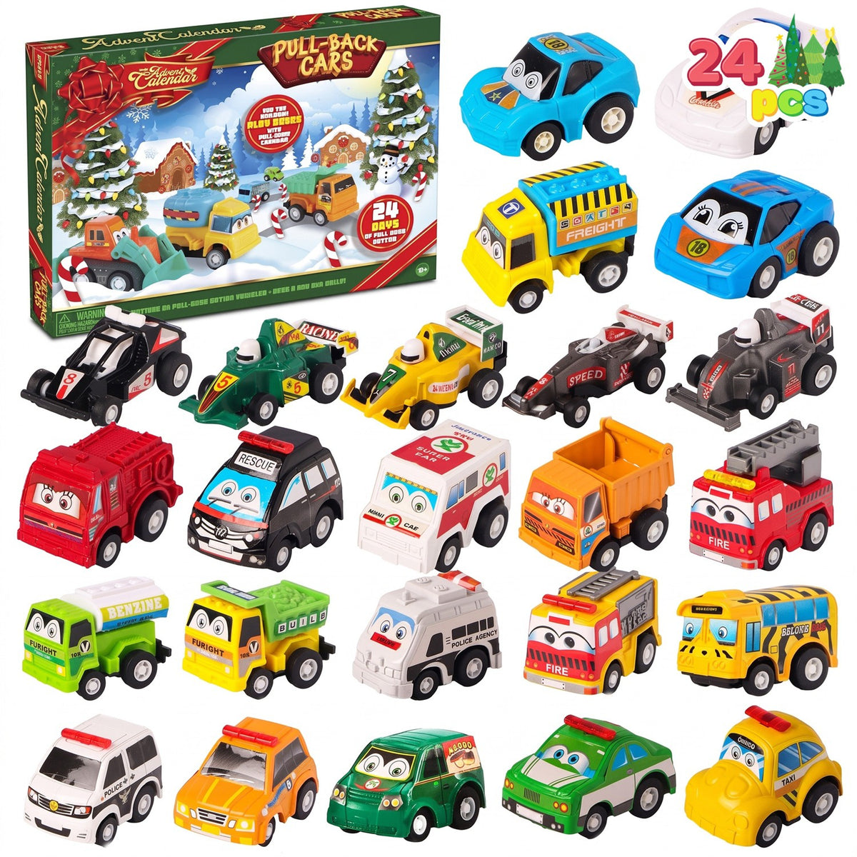 Advent Calendar with 24 Pull Back Toy Cars for Racing at Home