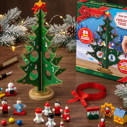 Wooden Tree Advent Calendar with 24 Mini Ornaments for Hanging on Tabletop Christmas Tree