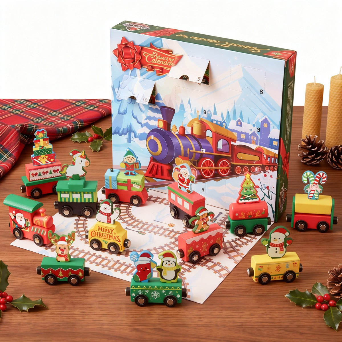 Twelve Piece Train Advent Calendar with Magnetic Cars and Daily Doors for Kids