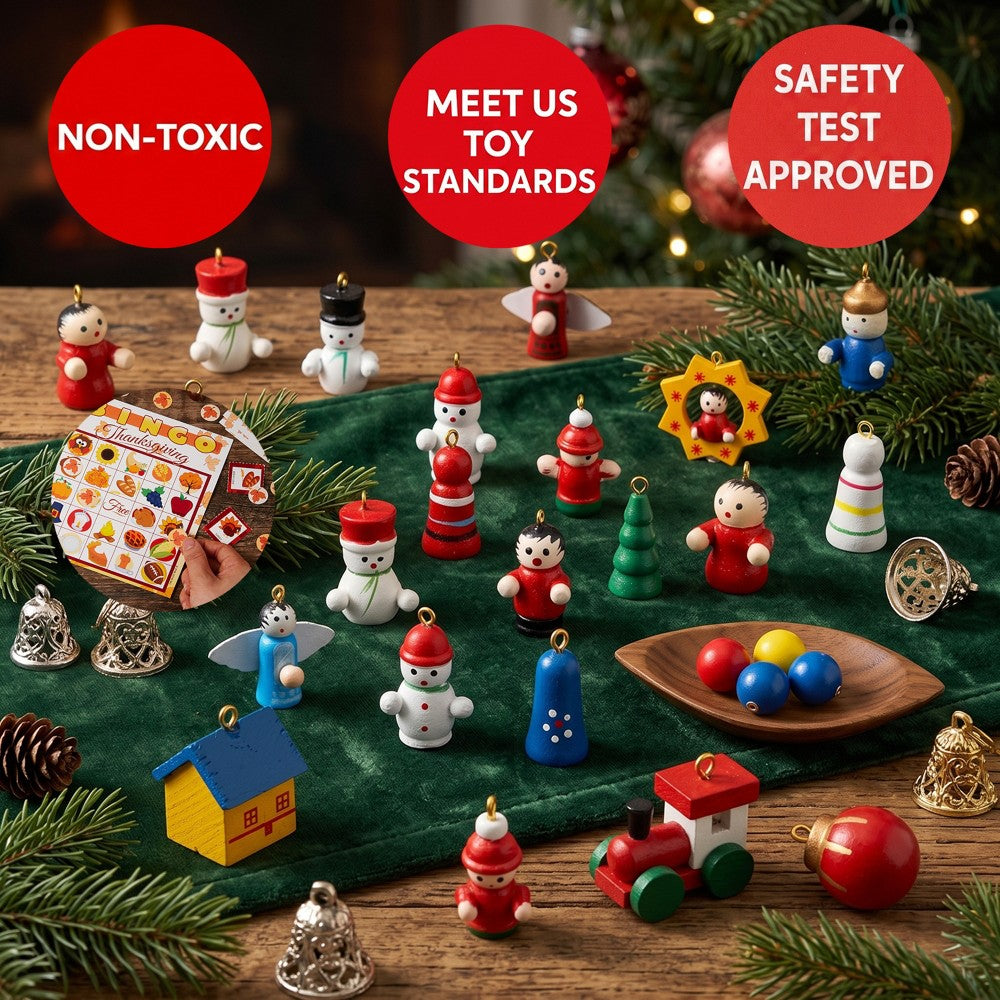 Wooden Tree Advent Calendar with 24 Mini Ornaments for Hanging on Tabletop Christmas Tree