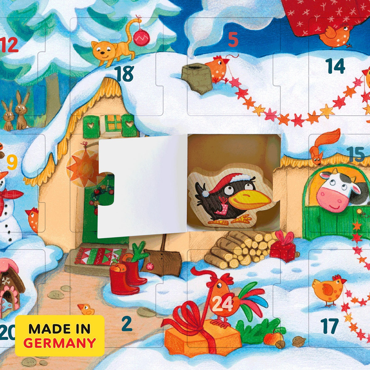 Wooden Farm Animal Advent Calendar with Story Booklet, 24 Figures and 3D Winter Scene