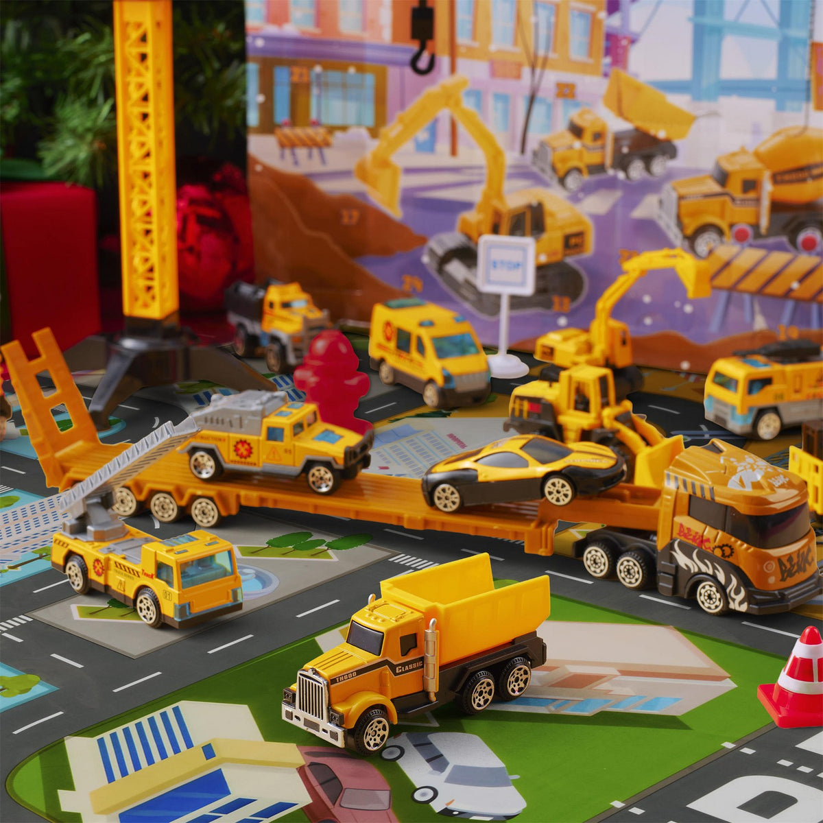 Kids Construction Advent Calendar with 24 Toy Trucks Accessories and City Play Mat