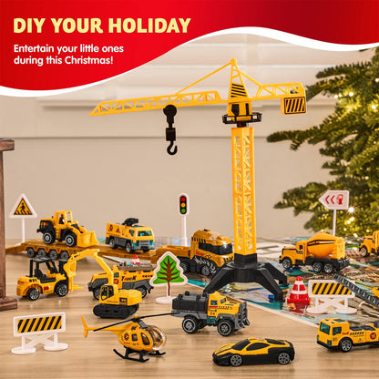 Kids Construction Advent Calendar with 24 Toy Trucks Accessories and City Play Mat