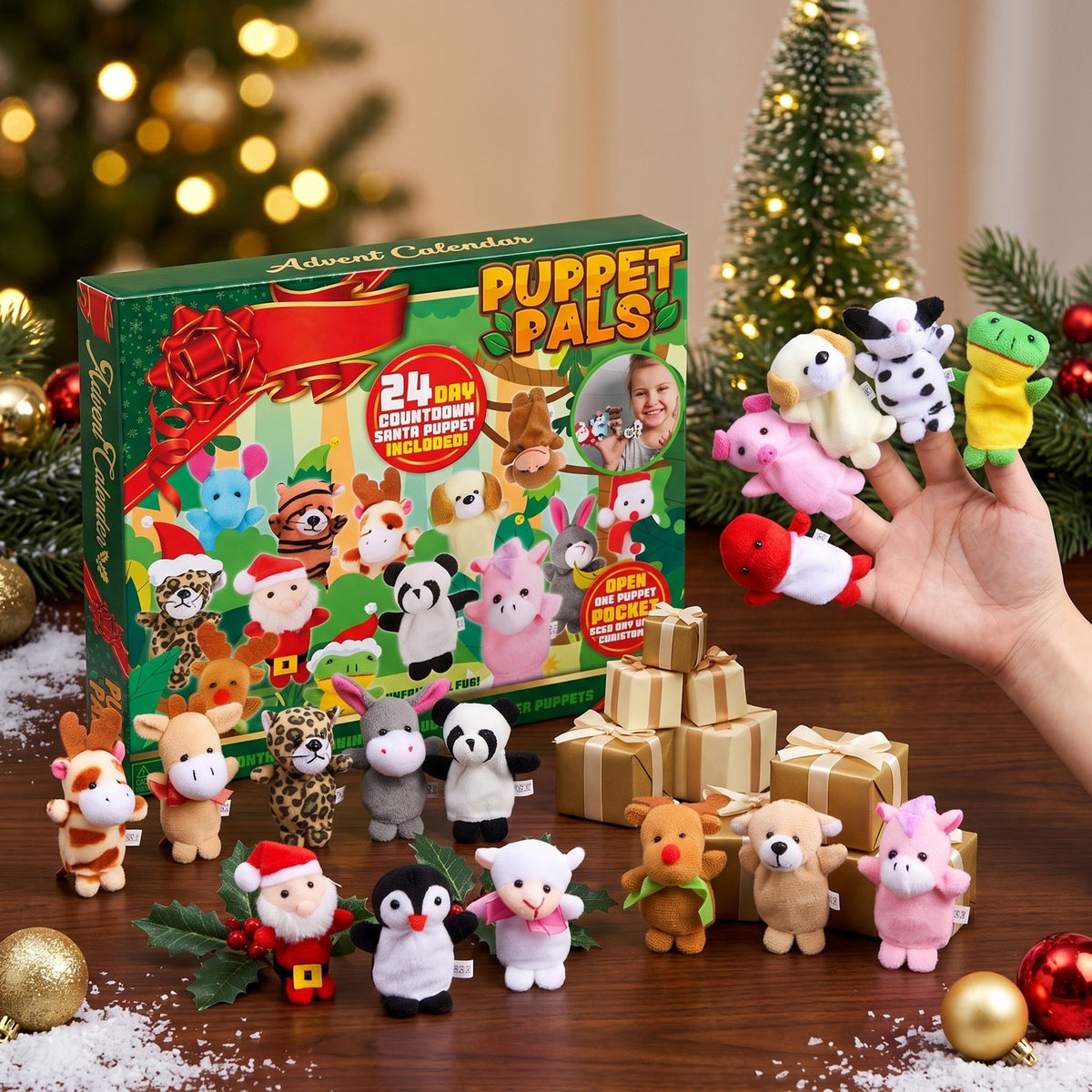 Finger Puppet Advent Calendar with 24 Plush Animal and Holiday Characters