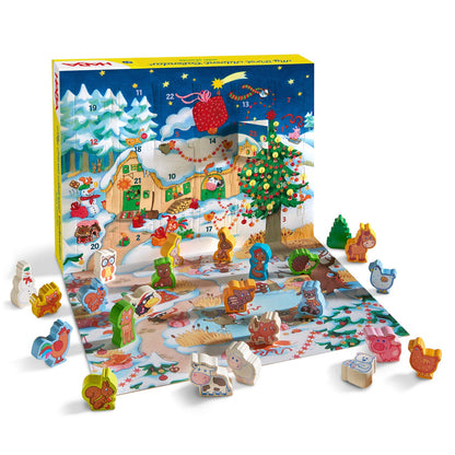 Wooden Farm Animal Advent Calendar with Story Booklet, 24 Figures and 3D Winter Scene