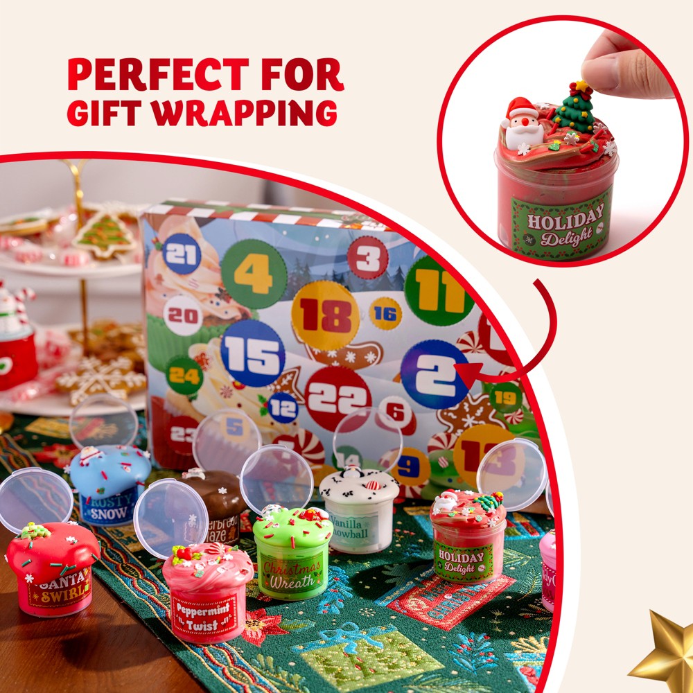 Christmas Countdown Calendar with 8 Jars of Slime and 16 Charm and Sprinkle Add Ins