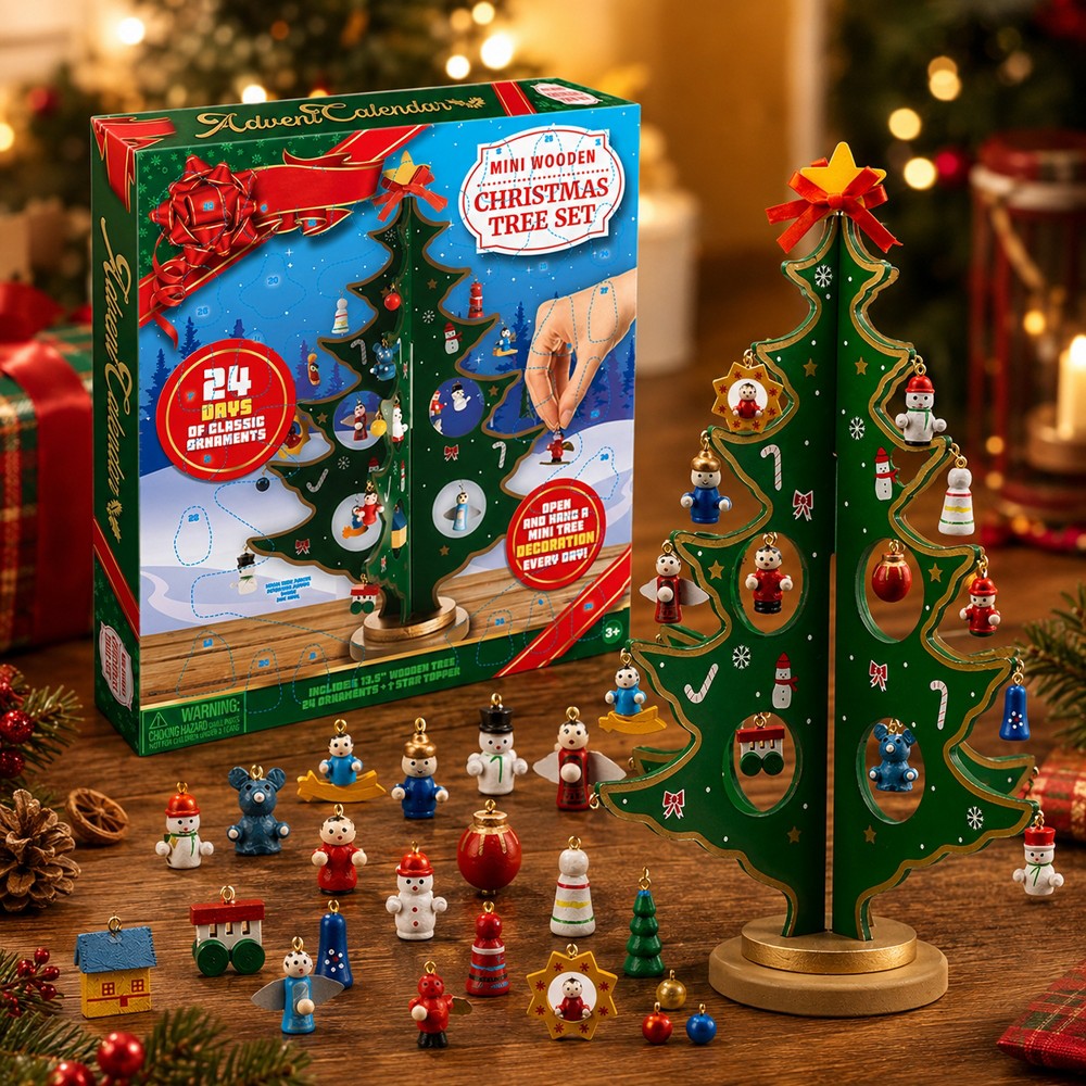 Wooden Tree Advent Calendar with 24 Mini Ornaments for Hanging on Tabletop Christmas Tree