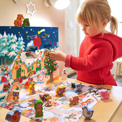 Wooden Farm Animal Advent Calendar with Story Booklet, 24 Figures and 3D Winter Scene
