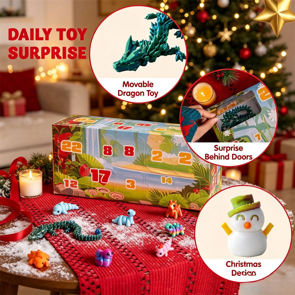 Advent Calendar with 24 Printed Animal and Holiday Toys in Hard PLA for Classroom Prizes and Favors