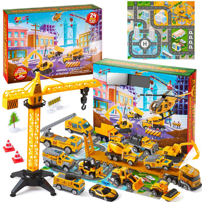 Kids Construction Advent Calendar with 24 Toy Trucks Accessories and City Play Mat