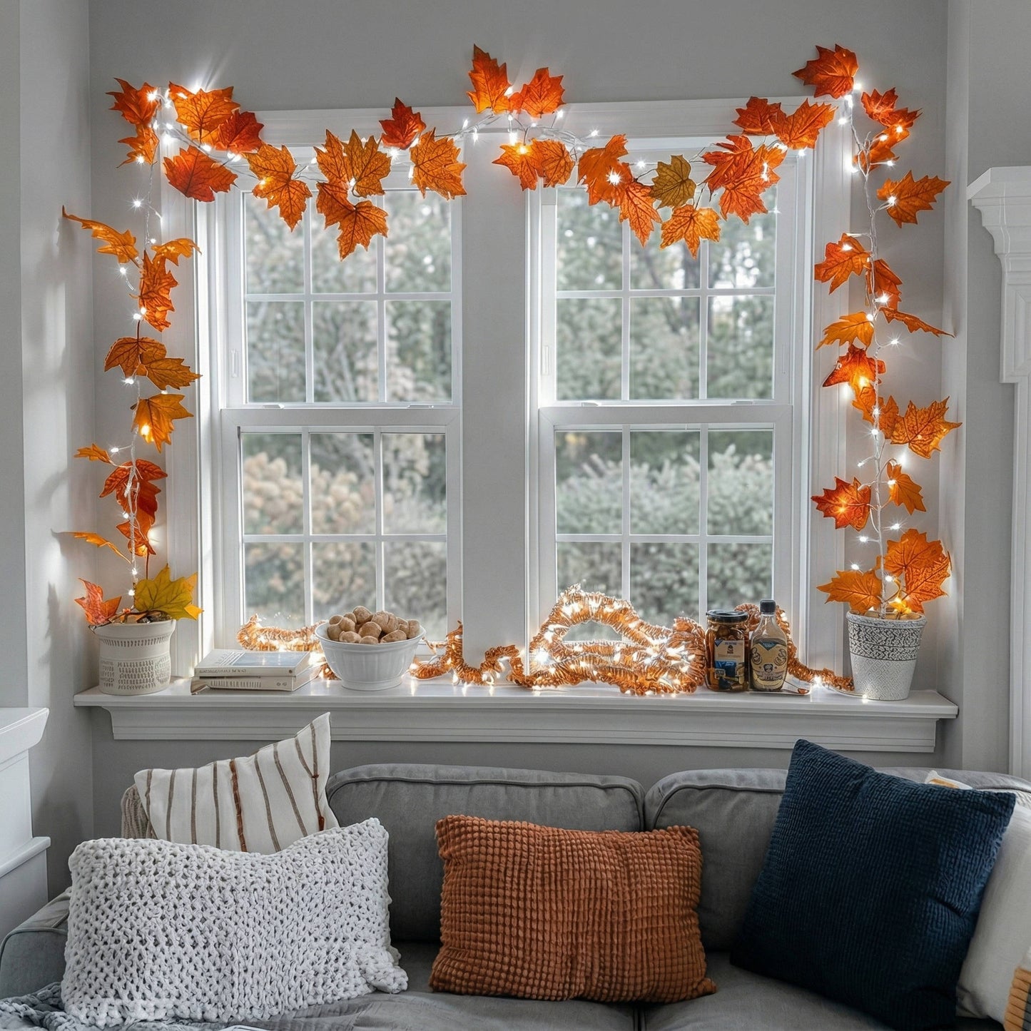 Lighted Ornament Garland with Warm Glow and Reflective Ornaments, Flexible Wire Design