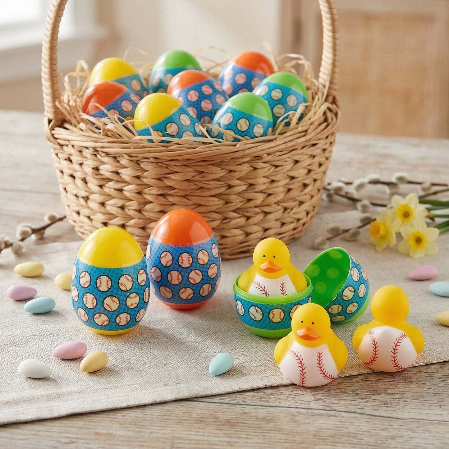 Baseball Duck Easter Eggs with Vinyl Toy Surprises and Snap Closure, 12 Pack