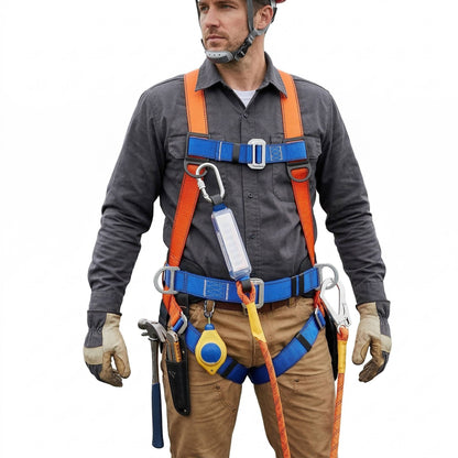 Full Body Safety Harness with Shock Absorbing Lanyard and Ventilated Waist Pad