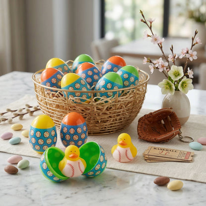 Baseball Duck Easter Eggs with Vinyl Toy Surprises and Snap Closure, 12 Pack