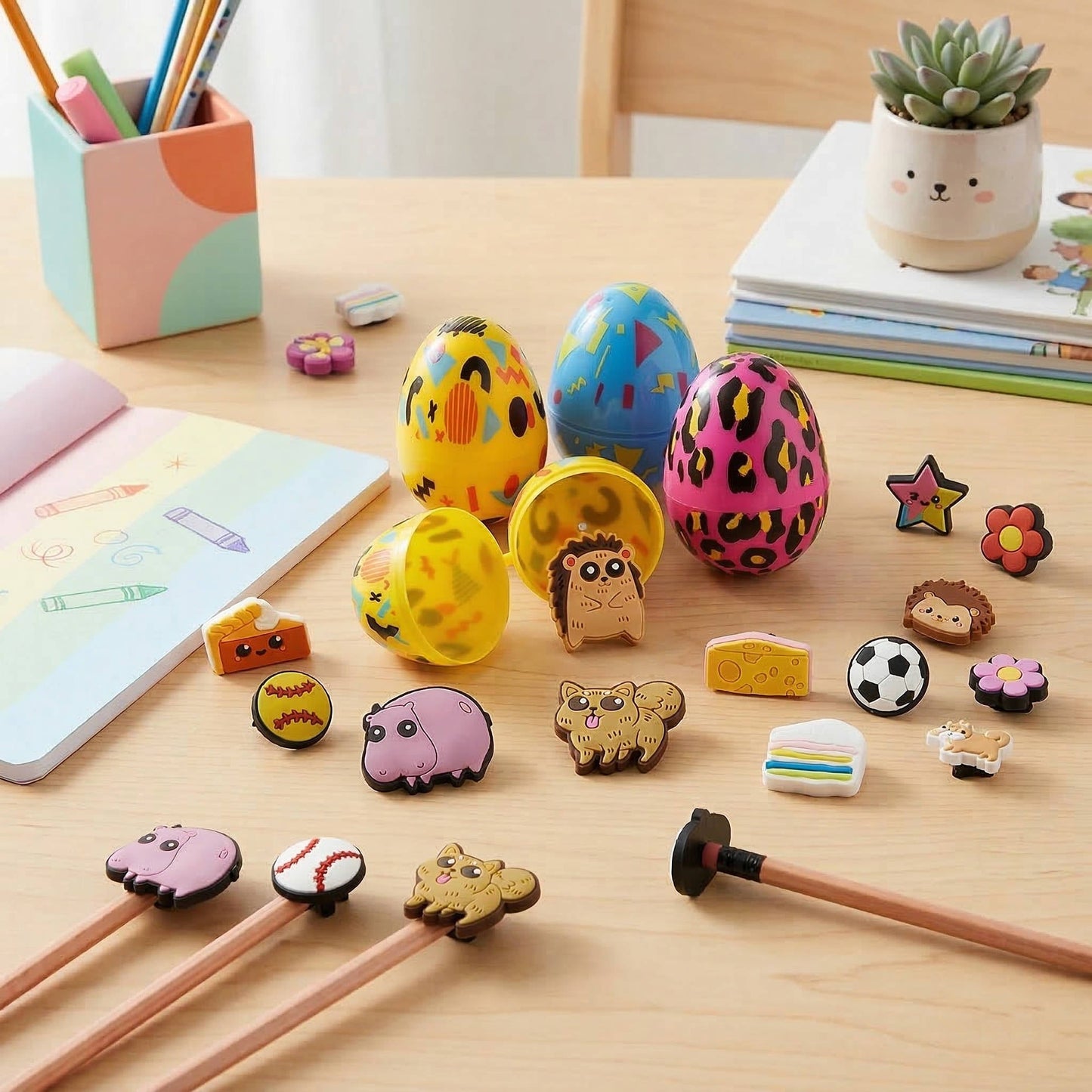 Pre Filled Easter Eggs with Pencil Charms, 24-Pack Hunt Fillers