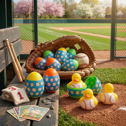 Baseball Duck Easter Eggs with Vinyl Toy Surprises and Snap Closure, 12 Pack