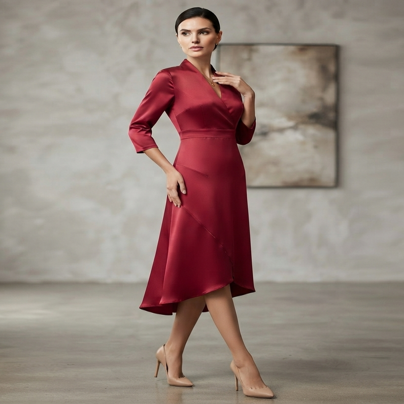 Flowing Midi Dress with Long Sleeves and Figure Skimming Cut for Warm Weather