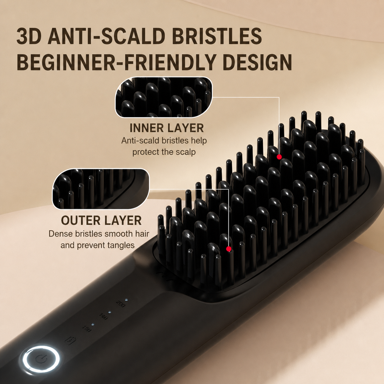 Portable Hair Straightener Brush with Ceramic Teeth and Negative Ion Technology, 30 Minute Runtime