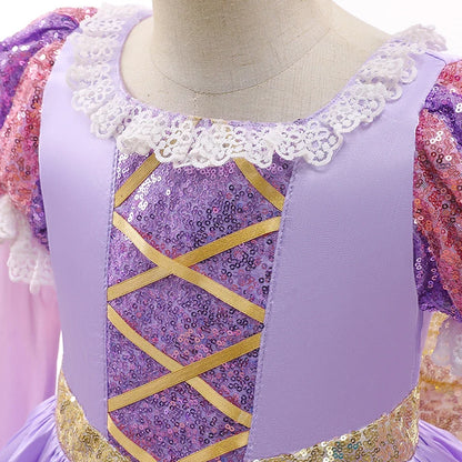Girls Ball Gown Dress with Puff Sleeves and Applique Details, Mid Calf Length