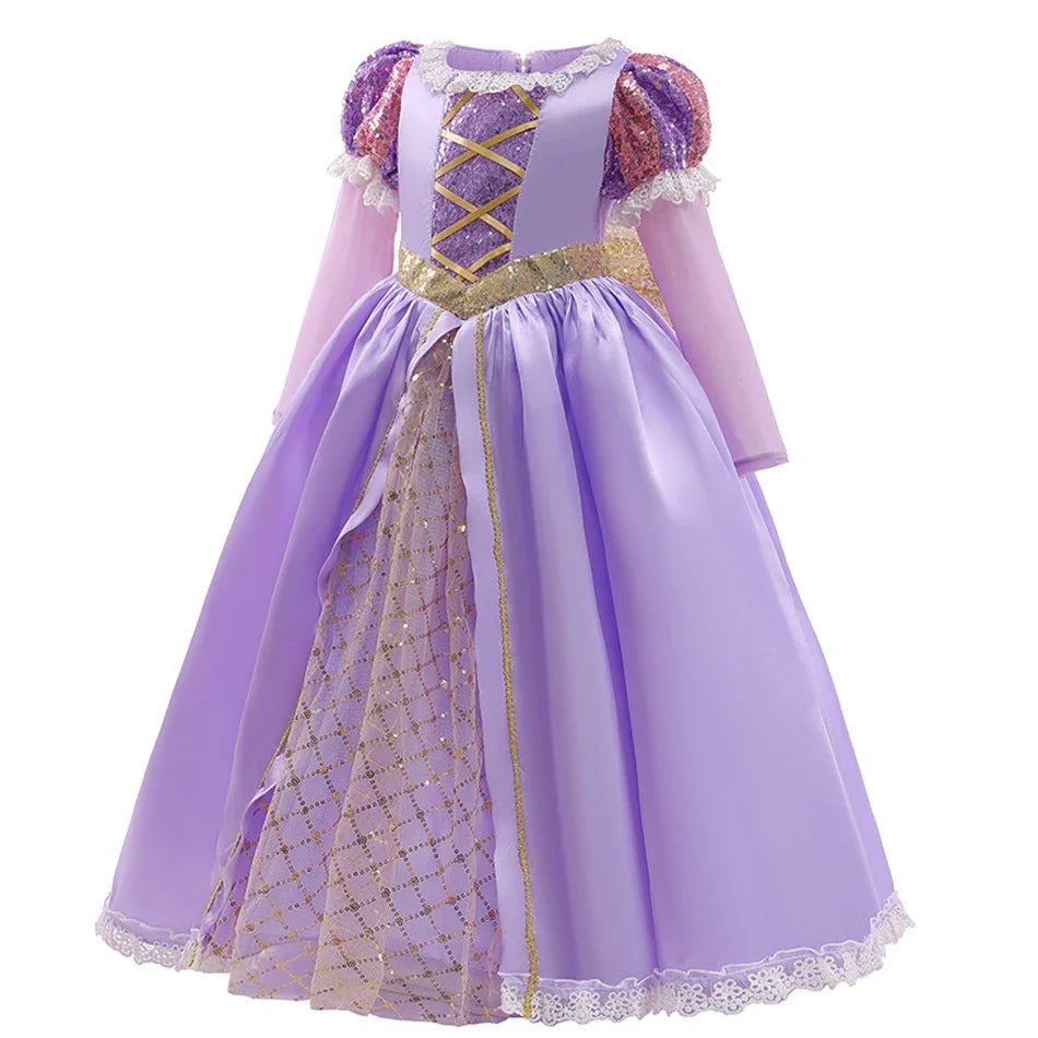 Girls Ball Gown Dress with Puff Sleeves and Applique Details, Mid Calf Length